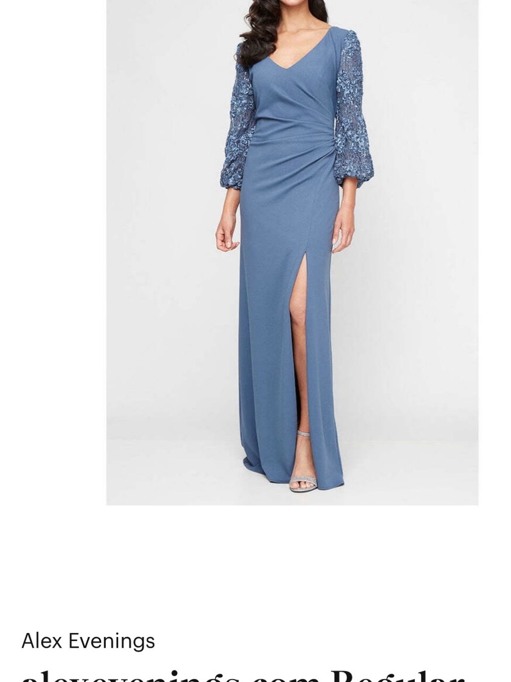 Alex Evenings Dusty Blue Maxi Evening Gown with Lace Balloon Sleeves